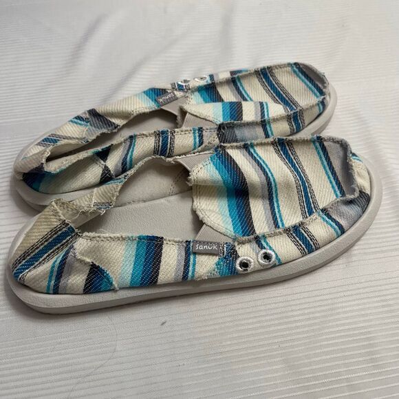 Sanuk You Got My Back Blanket Blue Striped Slides Surfer Shoes Size 9 - Picture 2 of 8